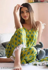 Rayon printed classy night suit for women, short-sleeved shirt and pyjama set with a vibrant pattern, size M (38IN bust, 23IN top length, 30IN waist, 38IN bottom length), made in India